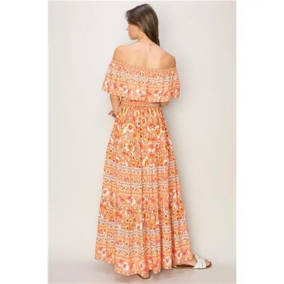 NWT 🌺 HYFVE Floral Off-Shoulder Tie Front Maxi Dress, Apricot, Flowy, Feminine - Picture 3 of 5